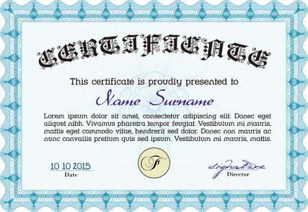 Light blue Awesome Certificate template. Award. Money Pattern. With great quality guilloche pattern. 