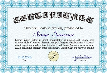 Light blue Awesome Certificate template. Award. Money Pattern. With great quality guilloche pattern.