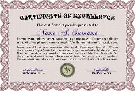 Certificate of achievement template. Diploma of completion. With guilloche pattern and background. Money design. Red color.