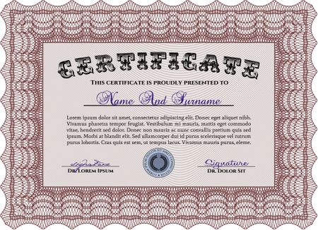Red Diploma or certificate template. Vector illustration. Lovely design. With complex background. 