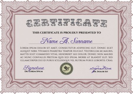Certificate template or diploma template. Complex background. Vector pattern that is used in currency and diplomas.Superior design. Red color.