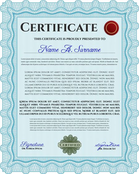 Light blue Sample Certificate. Frame certificate template Vector. With linear background. Modern design. 