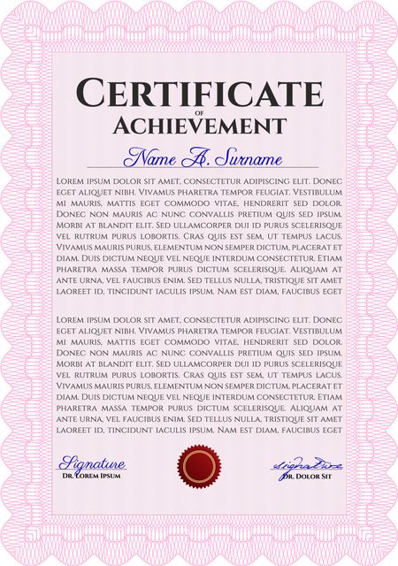 Sample certificate or diploma. With complex linear background. Vector certificate template. Retro design. Pink color.