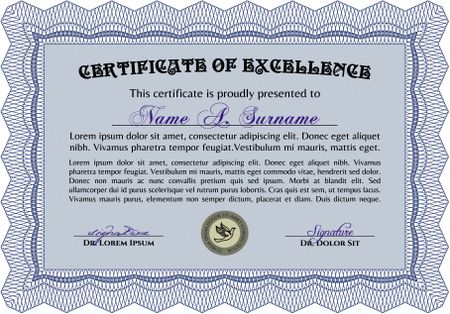 Blue Certificate template or diploma template. Vector pattern that is used in currency and diplomas.Complex background. Beauty design. 