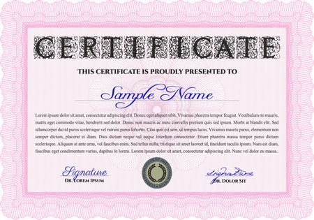 Pink Classic Certificate template. Award. Money Pattern. With great quality guilloche pattern. 