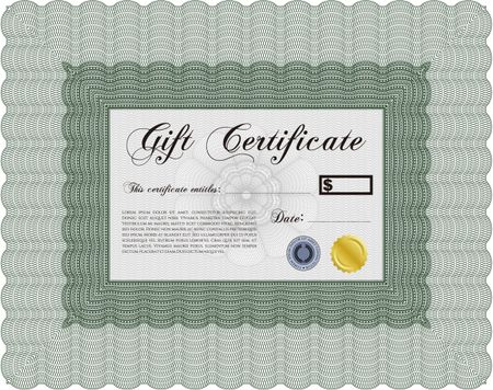 Formal Gift Certificate template. Elegant design. Vector illustration. With guilloche pattern and background. 