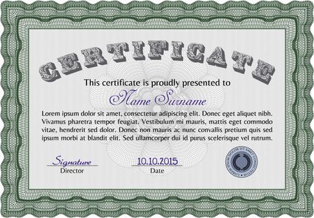 Certificatem diplmoa or award template. Design template. Money style design. With guilloche pattern. Green color.