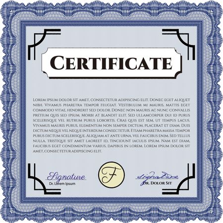Certificate or diploma template. Easy to print. Customizable, Easy to edit and change colors. Cordial design. Blue color.
