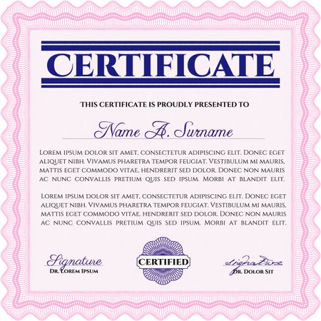 Pink Certificate. Detailed. Printer friendly. Complex design. 