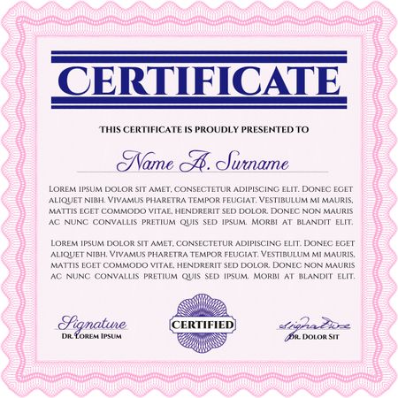 Pink Certificate. Detailed. Printer friendly. Complex design.