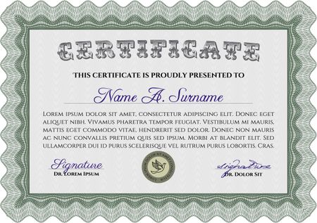 Certificate of achievement template. With guilloche pattern and background. Sophisticated design. Diploma of completion. Green color.