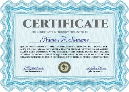 Awesome Certificate template. With great quality guilloche pattern. Award. Money Pattern. Light blue color.