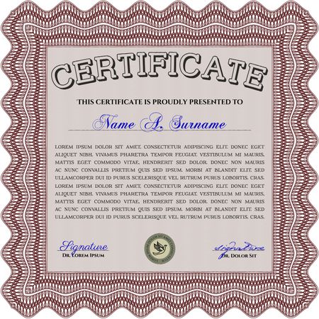 Certificate of achievement template. Money design. Diploma of completion. With guilloche pattern and background. Red color.