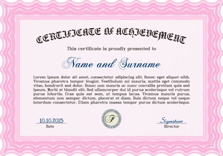 Classic Certificate template. Money Pattern design. Pink color.