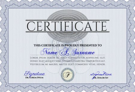 Certificate template. Printer friendly. Detailed. Nice design. Blue color.