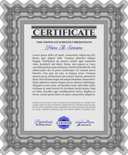 Grey Diploma template. With complex background. Vector illustration. Excellent design. 