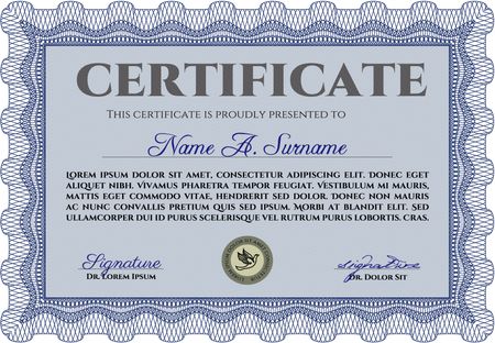 Awesome Certificate template. Money Pattern. Award. With great quality guilloche pattern. Blue color.