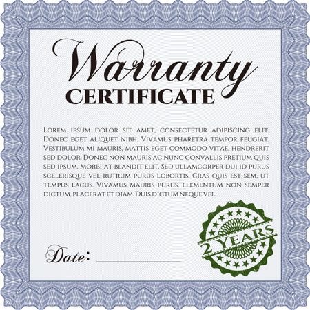 Warranty Certificate template. Cordial design. Easy to print. Detailed. 