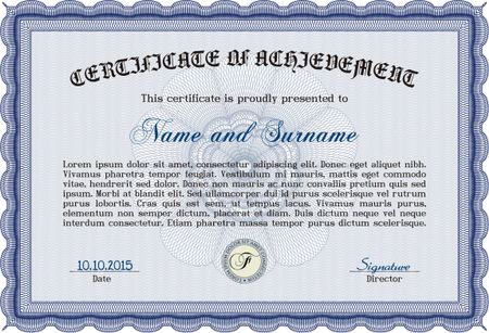 Blue Sample certificate or diploma. Vector certificate template. Elegant design. With complex linear background. 