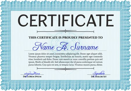Light blue Sample certificate or diploma. Vector certificate template. Elegant design. With complex linear background. 