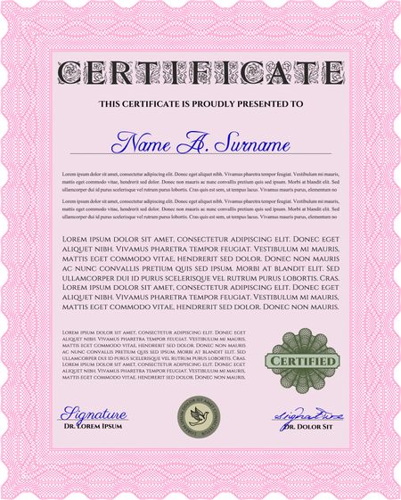 Pink Classic Certificate template. Money Pattern design. 