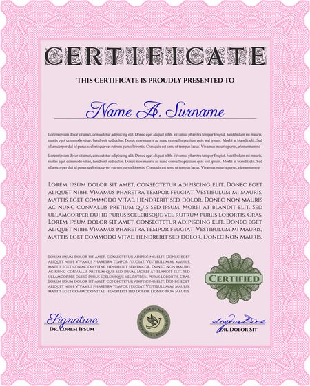 Pink Classic Certificate template. Money Pattern design.