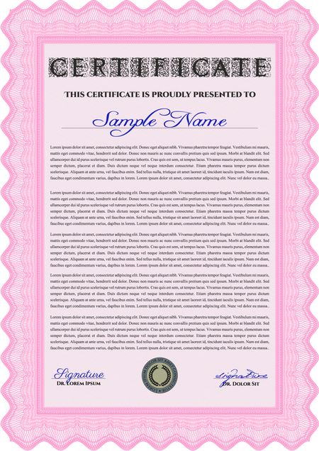 Pink Certificate template or diploma template. Beauty design. Complex background. Vector pattern that is used in currency and diplomas.