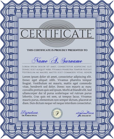 Certificate. Printer friendly. Complex design. Detailed. Blue color.
