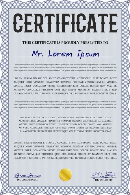 Blue Certificate template or diploma template. Beauty design. Complex background. Vector pattern that is used in currency and diplomas.