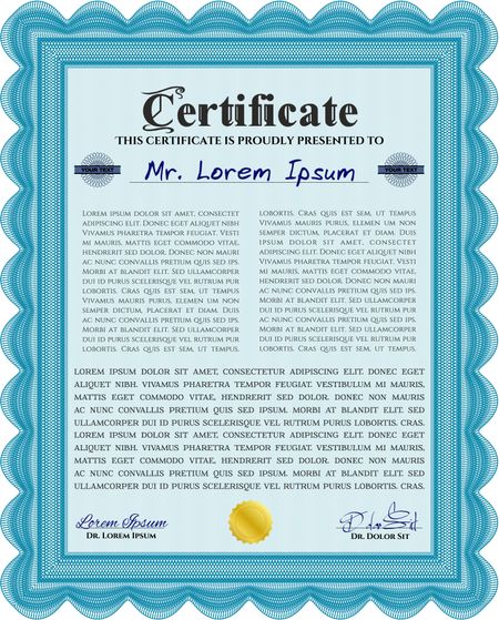 Sample Diploma. Frame certificate template Vector. With linear background. Modern design. Light blue color.