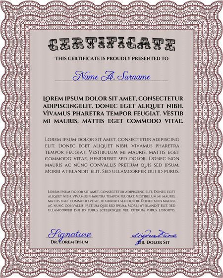 Sample certificate or diploma. With complex linear background. Vector certificate template. Retro design. Red color.