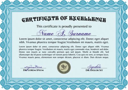 Diploma or certificate template. Lovely design. With complex background. Vector illustration. Light blue color.