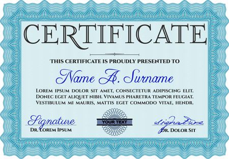 Light blue Certificatem diplmoa or award template. Design template. With guilloche pattern. Money style design. 