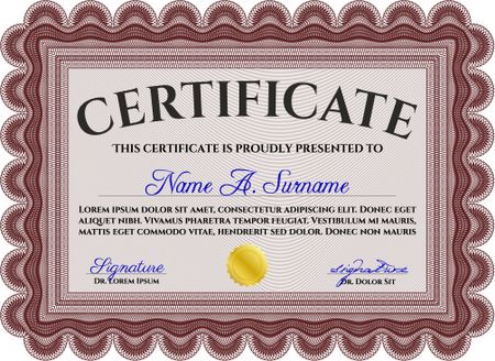 Sample certificate or diploma. Retro design. With complex linear background. Vector certificate template. Red color.