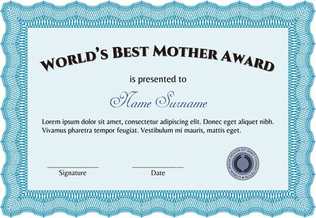 Best Mom Award Template. With guilloche pattern and background. Excellent complex design. Vector illustration. 