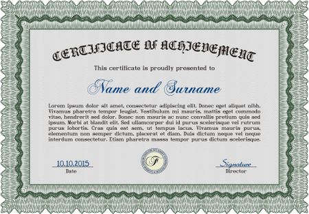Certificate of achievement. With complex linear background. Retro design. Vector certificate template. Green color.