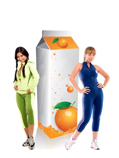Fit women with a carton of orange juice isolated