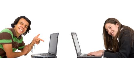 Man and woman working on a laptop over white background