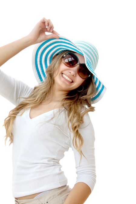 Summer woman with a hat and sunglasses isolated