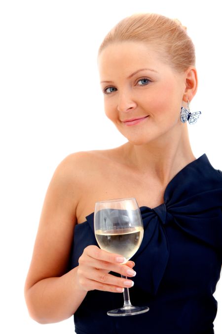 Woman in a cocktail dress and a glass of wine isolated