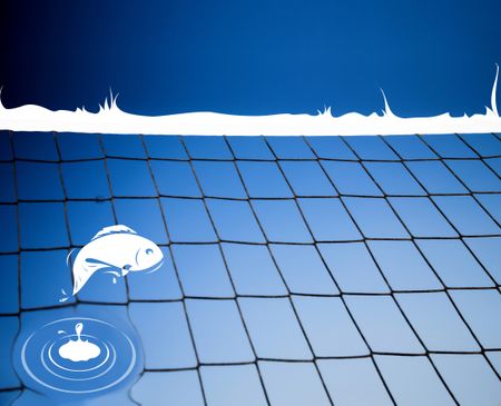 fish jumping on a  volleyball net with a blue sky
