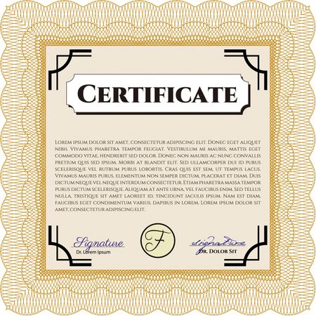 Certificate of achievement. Vector certificate template. Retro design. With complex linear background. Orange color.