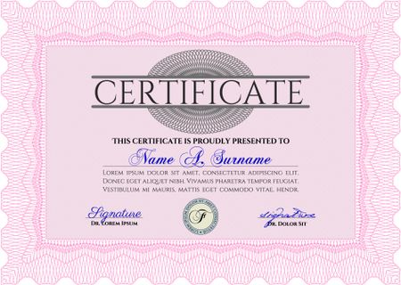 Diploma. With background. Border, frame. Good design. Pink color.