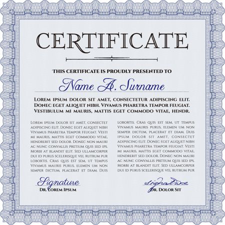 Awesome Certificate template. Money Pattern. With great quality guilloche pattern. Award. Blue color.