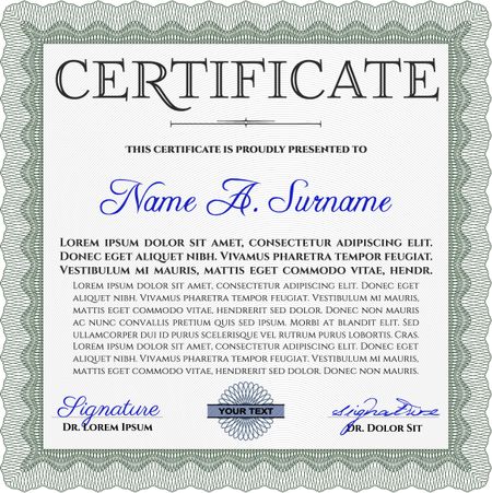 Awesome Certificate template. Money Pattern. With great quality guilloche pattern. Award. Green color.