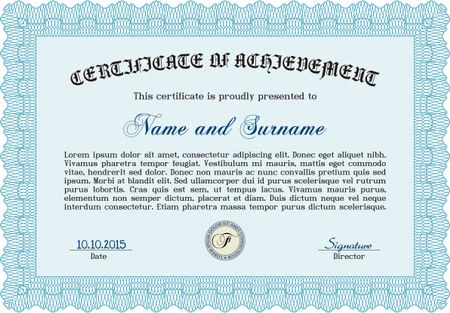 Light blue Sample certificate or diploma. Vector certificate template. With complex linear background. Retro design. 