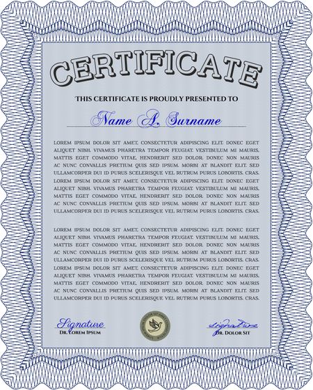 Blue Certificate of achievement template. With guilloche pattern. Money design. Design template. 