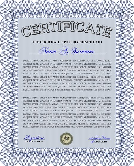 Blue Certificate of achievement template. With guilloche pattern. Money design. Design template.