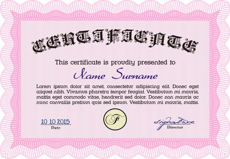 Pink Certificate template or diploma template. Complex background. Beauty design. Vector pattern that is used in currency and diplomas.