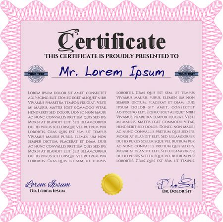 Pink Sample certificate or diploma. With complex linear background. Elegant design. Vector certificate template. 
